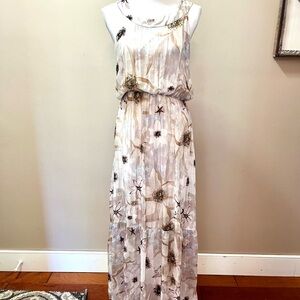 Le Reganne Silk Blend Floral White Maxi Dress Size Large
